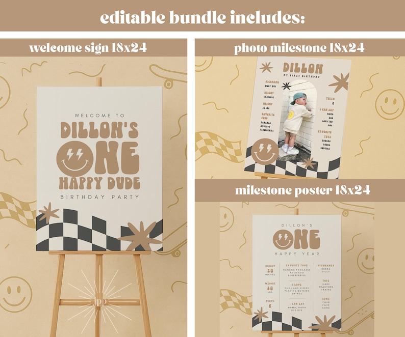 One Happy Dude Birthday Invitation Boy First Birthday Smile Face Retro Birthday Editable Digital Template INSTANT DOWNLOAD 58 image 5
