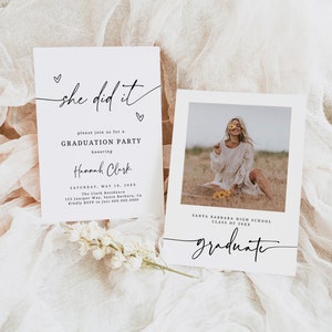 Minimalist Graduation Announcement, Graduation Party Invitation Template,  She Did It Graduation Party Invite, Photo Graduation Invite 2025