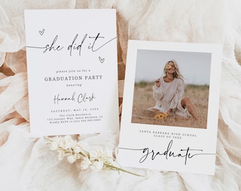 Minimalist Graduation Announcement, Graduation Party Invitation Template,  She Did It Graduation Party Invite, Photo Graduation Invite 2025