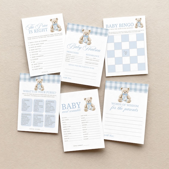 Blue Teddy Bear Baby Shower Games Bundle | Editable Canva Baby Shower Games | Boy Baby Shower Activities | 5x7 Printable Games 255