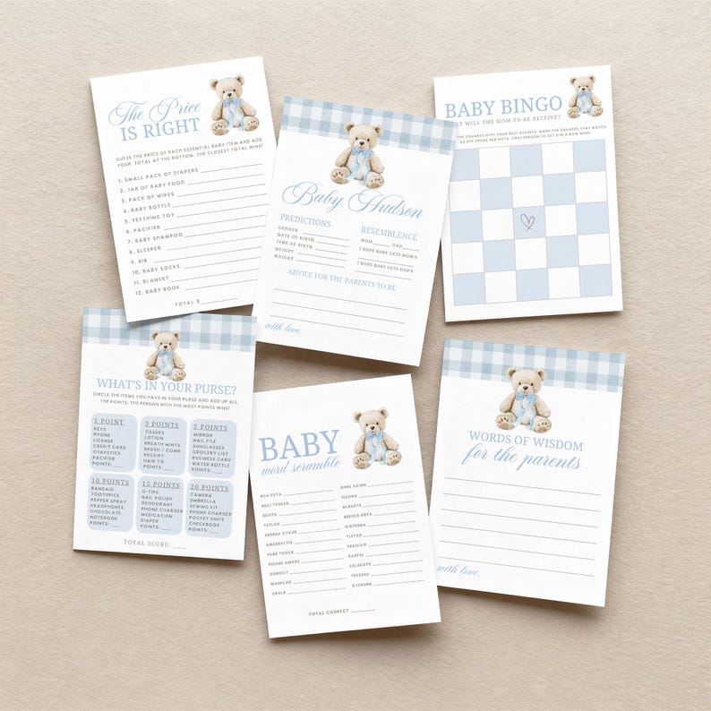May include: A collection of baby shower game cards with a blue and white gingham pattern and a teddy bear graphic. Games include "The Price is Right," "Baby Bingo," and "Baby Word Scramble."