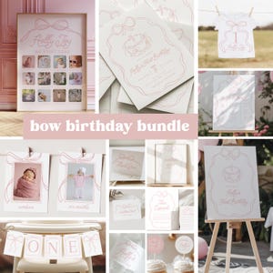 May include: A collection of pink and white birthday party decorations. Includes a framed photo collage, invitations, a banner that says "ONE", a t-shirt, and signs. The theme is a bow design with the text "Holly Joy" and "Holly's First Birthday".