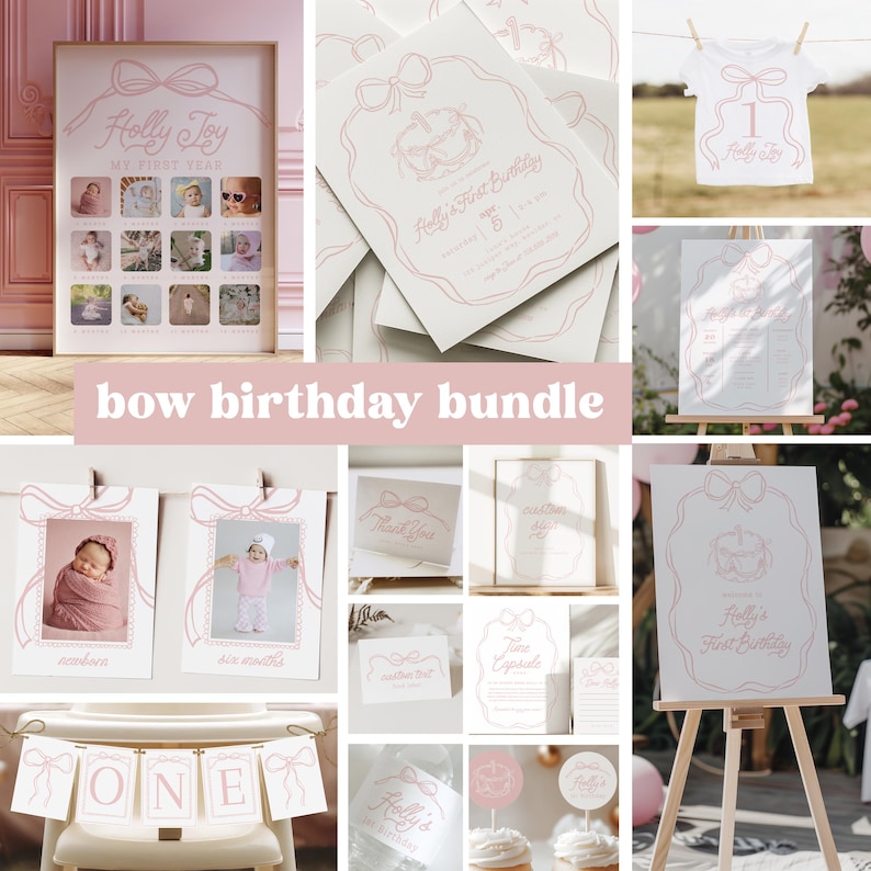 May include: A collection of pink and white birthday party decorations. Includes a framed photo collage, invitations, a banner that says "ONE", a t-shirt, and signs. The theme is a bow design with the text "Holly Joy" and "Holly's First Birthday".