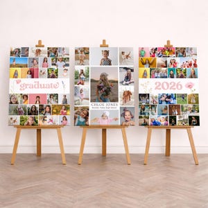 Puede incluir: Tres caballetes de madera exhiben collages de fotos. Uno dice "graduate" en rosa, otro presenta "Chloe Jones" y "Boulder Valley High School", y el tercero dice "2026". Cada collage est&aacute; lleno de m&uacute;ltiples fotos.