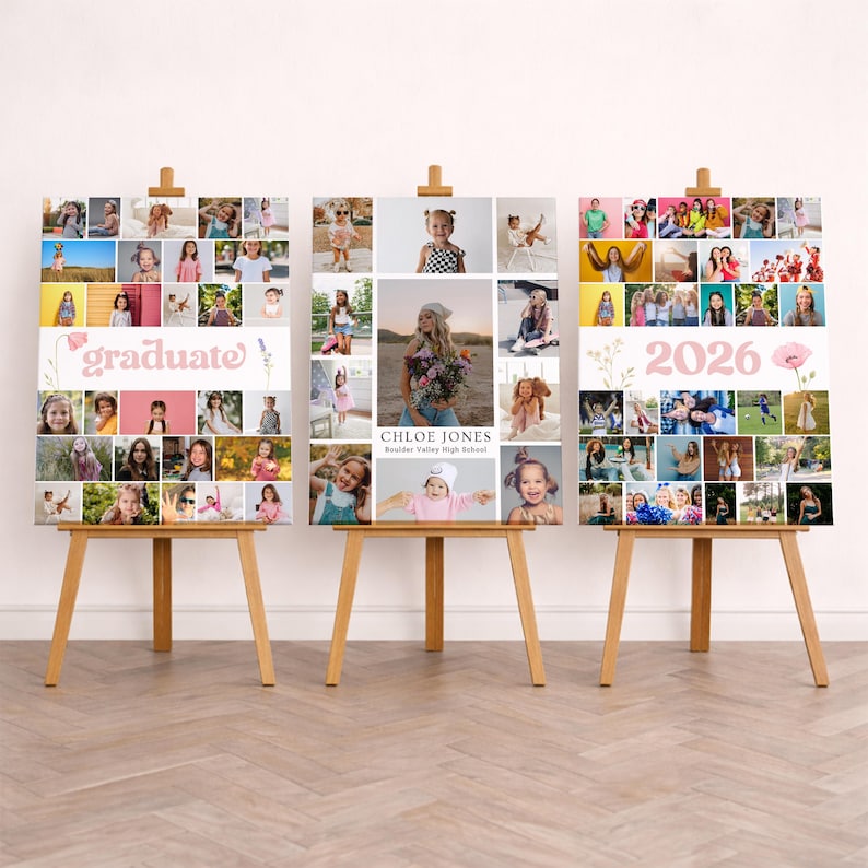 Puede incluir: Tres caballetes de madera exhiben collages de fotos. Uno dice "graduate" en rosa, otro presenta "Chloe Jones" y "Boulder Valley High School", y el tercero dice "2026". Cada collage est&aacute; lleno de m&uacute;ltiples fotos.
