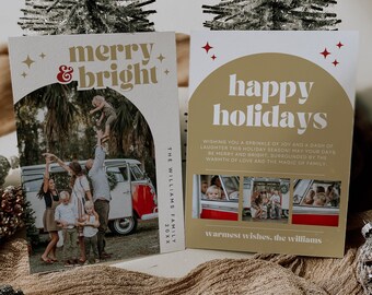 Retro Photo Christmas Card Canva Template, Boho Editable Holiday Card, Arch Photo Christmas Card, Merry Christmas DIY Editable Template