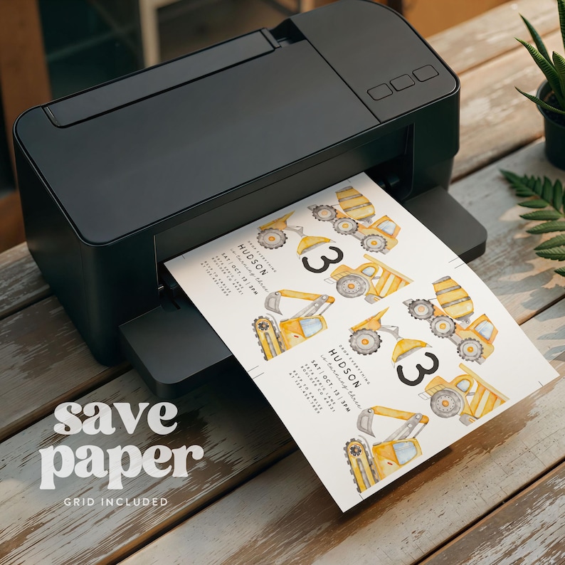 May include: A black printer printing invitations with yellow construction vehicles and the number 3. The invitations have the text "HUDSON" and "save paper".