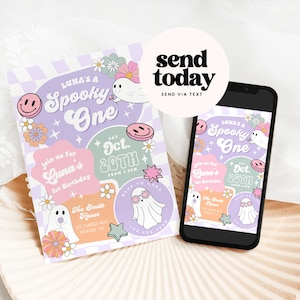 May include: A Halloween-themed invitation and a smartphone displaying the same design. The invitation features the text "LUNA'S A Spooky One" with ghost and flower illustrations in pastel colors. The smartphone shows the invitation design.