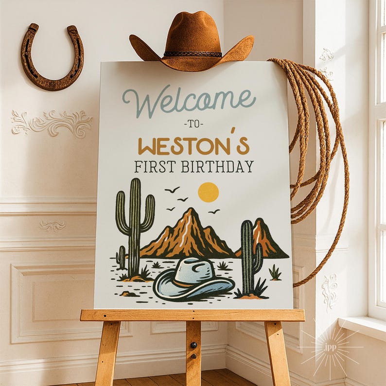 K&ouml;nnte beinhalten: Ein Geburtstagsschild im Western-Stil mit der Aufschrift "Welcome to Weston's First Birthday". Das Schild zeigt Illustrationen von Kakteen, Bergen, einem Cowboyhut und einer Sonne. Ein brauner Cowboyhut liegt oben auf.