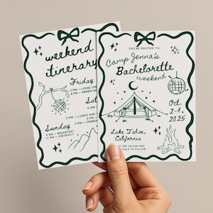 Hand Drawn Camp Bachelorette Invite, Bachelorette Itinerary, Outdoorsy Bachelorette, Bridal Party Printable and Mobile Canva Template