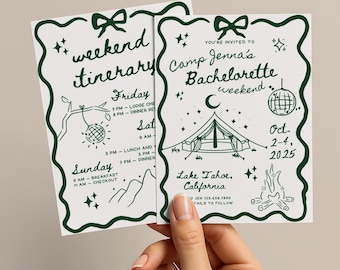 Hand Drawn Camp Bachelorette Invite, Bachelorette Itinerary, Outdoorsy Bachelorette, Bridal Party Printable and Mobile Canva Template