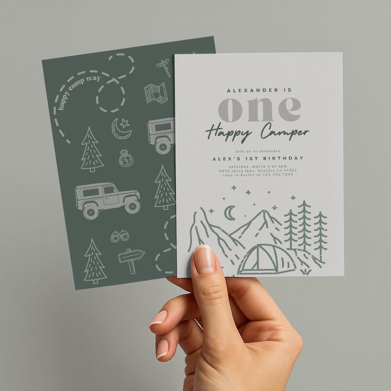One Happy Camper Birthday Invitation Boy, Happy Camper Boy First Birthday Camping Birthday, Campout Birthday Editable Template 14 image 1