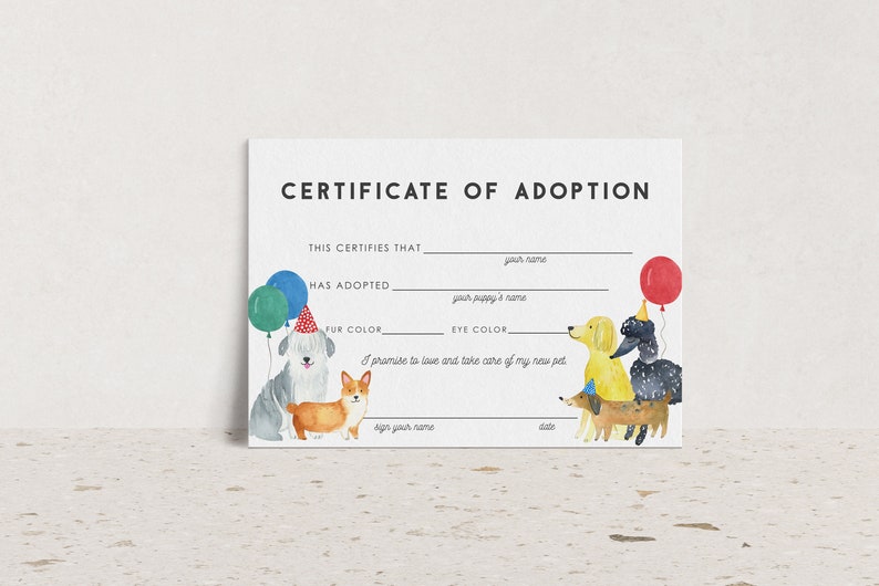 May include: A certificate of adoption for a new pet. The certificate has spaces to fill in the adopter's name, the pet's name, fur color, eye color, and a signature line. The certificate is decorated with a watercolor illustration of four dogs wearing party hats and holding balloons.
