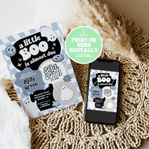 May include: A baby shower invitation with a blue and white checkered background, featuring the text "a little BOO is almost due." The invitation includes details for Kelly Green's baby shower, with a ghost and smiley face graphic. A smartphone displays the same design.