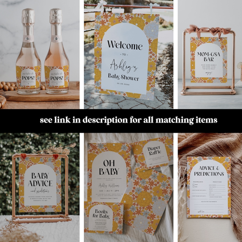 May include: A set of printable baby shower decorations with a retro floral design. The decorations include a welcome sign, a mom-osa bar sign, a baby advice and predictions card, a diaper raffle card, and a 'Oh Baby' invitation. The decorations are in shades of yellow, orange, and blue.