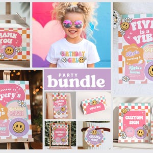 May include: A party bundle with a retro 70s theme. The bundle includes a welcome sign, a thank you sign, a custom sign, a birthday girl shirt, and an invitation. The signs feature a checkered pattern, smiley faces, and flowers. The invitation says "Five is a Vibe".