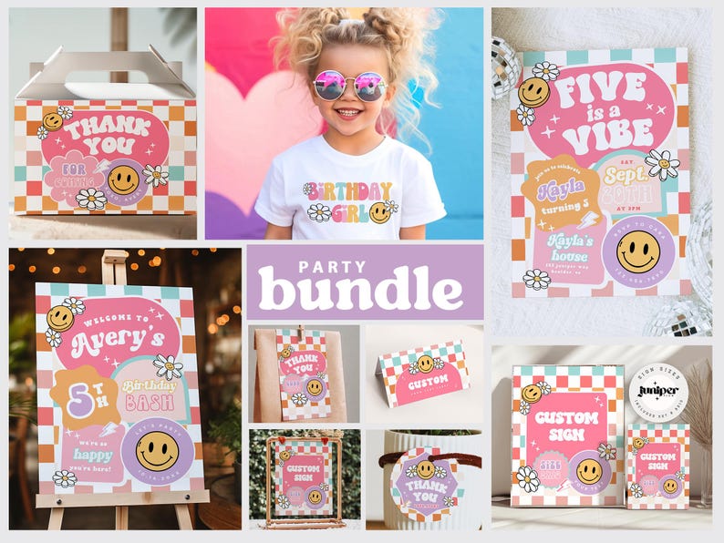 May include: A party bundle with a retro 70s theme. The bundle includes a welcome sign, a thank you sign, a custom sign, a birthday girl shirt, and an invitation. The signs feature a checkered pattern, smiley faces, and flowers. The invitation says "Five is a Vibe".