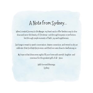 Może przedstawiać: Biała karta z niebieskim tłem akwarelowym zawiera tekst "A Note from Sydney..." oraz przesłanie o wierze, radości i wsp&oacute;lnocie. Przesłanie dotyczy okresu Bożego Narodzenia.