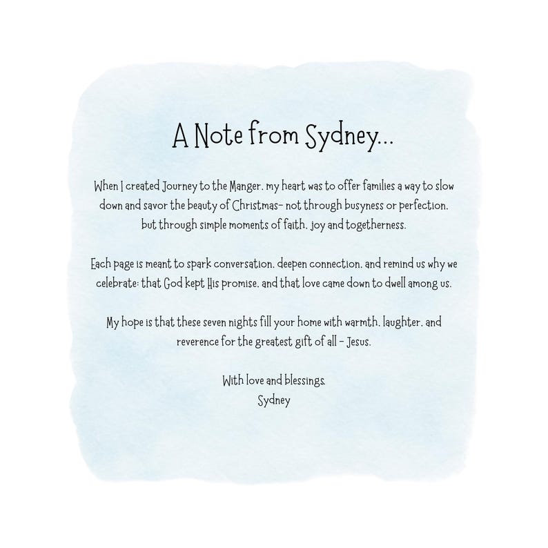Może przedstawiać: Biała karta z niebieskim tłem akwarelowym zawiera tekst "A Note from Sydney..." oraz przesłanie o wierze, radości i wsp&oacute;lnocie. Przesłanie dotyczy okresu Bożego Narodzenia.