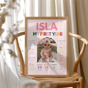 May include: A light pink milestone poster in a wooden frame featuring the text ISLA MY FIRST YEAR. It includes a central photo of a baby, sections for favorite foods, nicknames, toys, songs, and stats showing 20 inches, 18 lbs, and 6 teeth.
