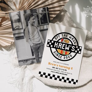 May include: A birthday party invitation with a black and white checkered border. The invitation features a colorful graphic of a skateboard with the text "Off the Wall Krew's Since 2020". The invitation is for a child's 4th birthday party.