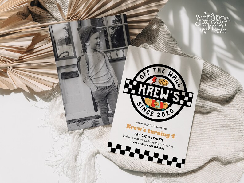 May include: A birthday party invitation with a black and white checkered border. The invitation features a colorful graphic of a skateboard with the text "Off the Wall Krew's Since 2020". The invitation is for a child's 4th birthday party.