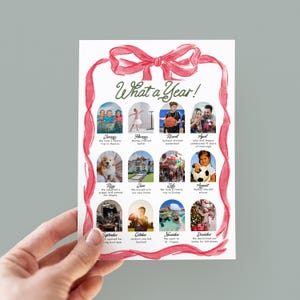 May include: A personalised photo print with a red ribbon design, titled "What a Year!". The print displays twelve small photos, each representing a month, with captions below. The print is held by a hand.