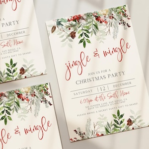 Invitación para fiesta navideña Jingle & Mingle, invitación para fiesta navideña con temática de vegetación, descarga imprimible para fiesta navideña 705