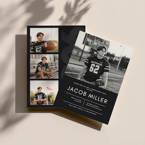 May include: A graduation announcement featuring a black and white design. The invitation includes a photo of a young man in a football jersey with the number 62. The text reads "Jacob Miller" and details for the graduation party.