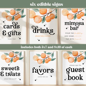 May include: Six printable wedding signs with a watercolor orange branch design. The signs say "cards & gifts", "drinks", "mimosa bar", "sweets & treats", "favors", and "guest book".