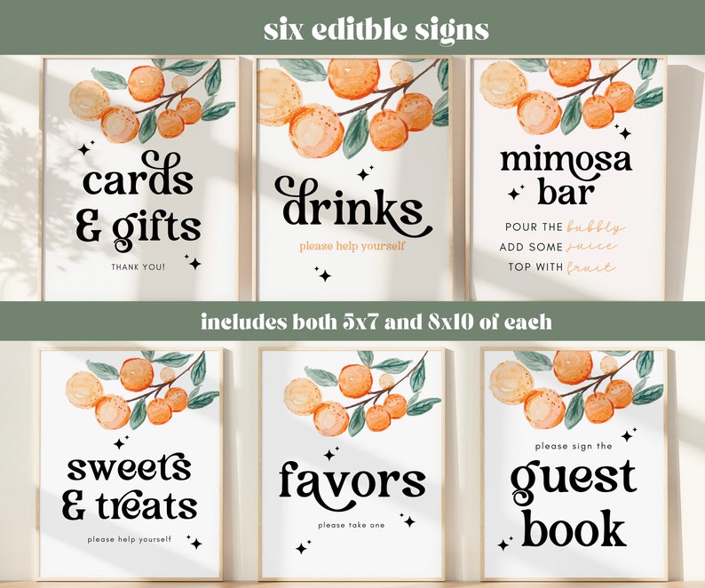 May include: Six printable wedding signs with a watercolor orange branch design. The signs say "cards & gifts", "drinks", "mimosa bar", "sweets & treats", "favors", and "guest book".