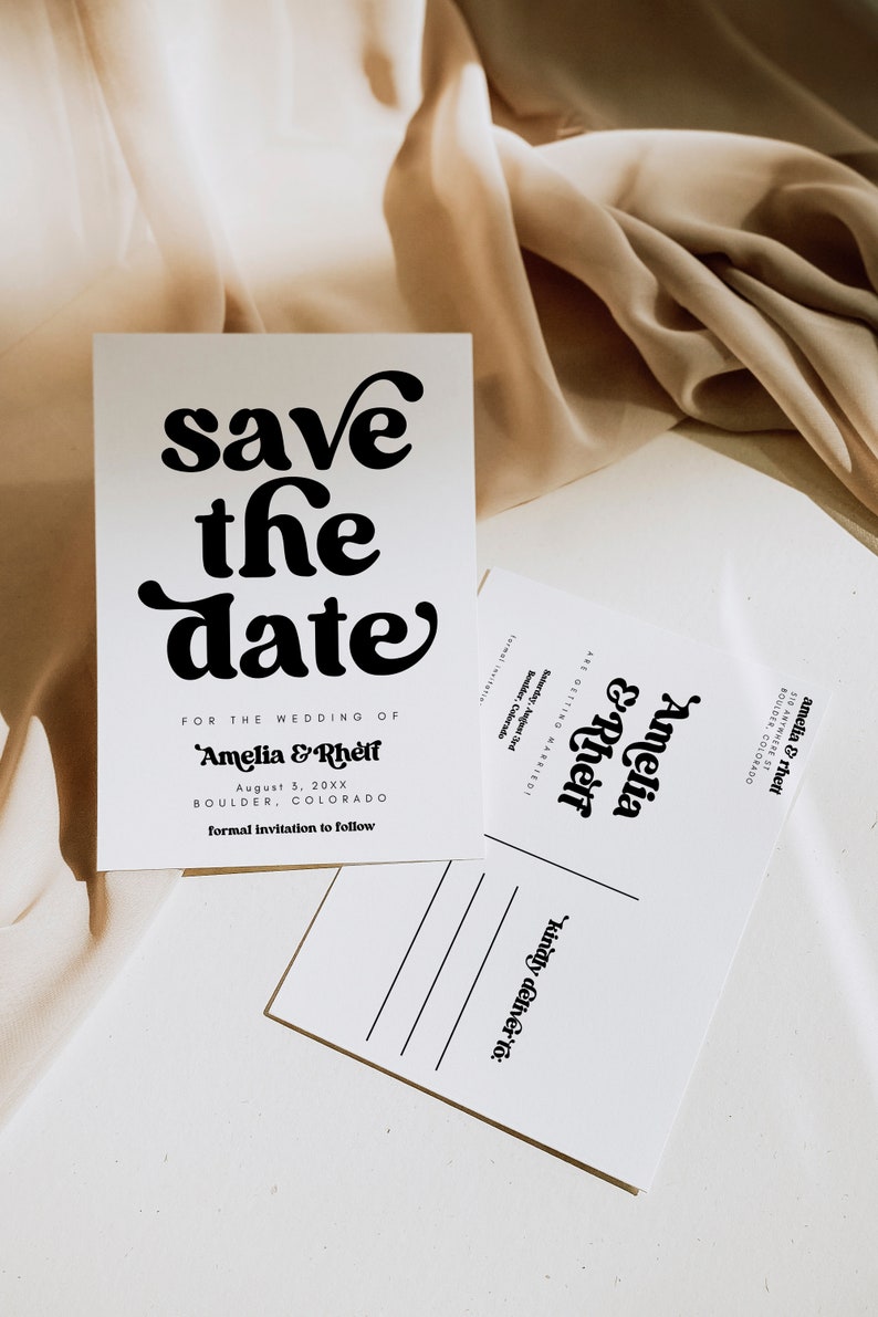 Retro Save The Date Template, Editable Save the Date Postcard, Modern Groovy Retro Save the Date Canva Template 707 image 3