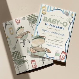May include: Two baby shower invitations with a watercolor design. One invitation features the text "BABY-Q TO CELEBRATE" and event details. The other invitation has a repeating pattern of barbecue grills, chairs, and condiments.