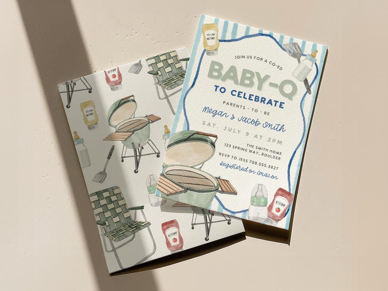 May include: Two baby shower invitations with a watercolor design. One invitation features the text "BABY-Q TO CELEBRATE" and event details. The other invitation has a repeating pattern of barbecue grills, chairs, and condiments.