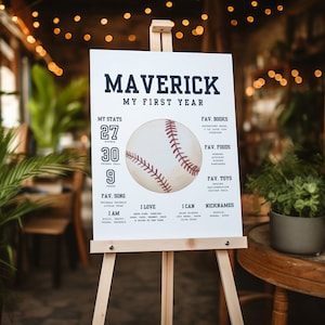 K&ouml;nnte beinhalten: Ein wei&szlig;es Schild mit dem Namen Maverick und dem Text "Mein erstes Jahr" in Blau. Das Schild zeigt eine Baseballgrafik und listet die Statistiken des Babys, seine Lieblingslieder, Lebensmittel, B&uuml;cher, Spielzeuge und Spitznamen auf.