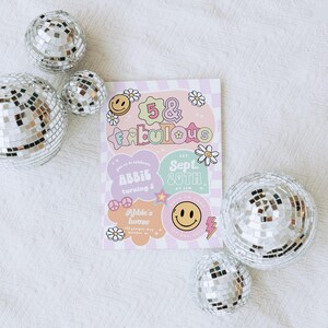 May include: A pink and purple birthday party invitation with a disco ball theme. The invitation says "5 & Fabulous" and "Sept. 20th at 3PM".