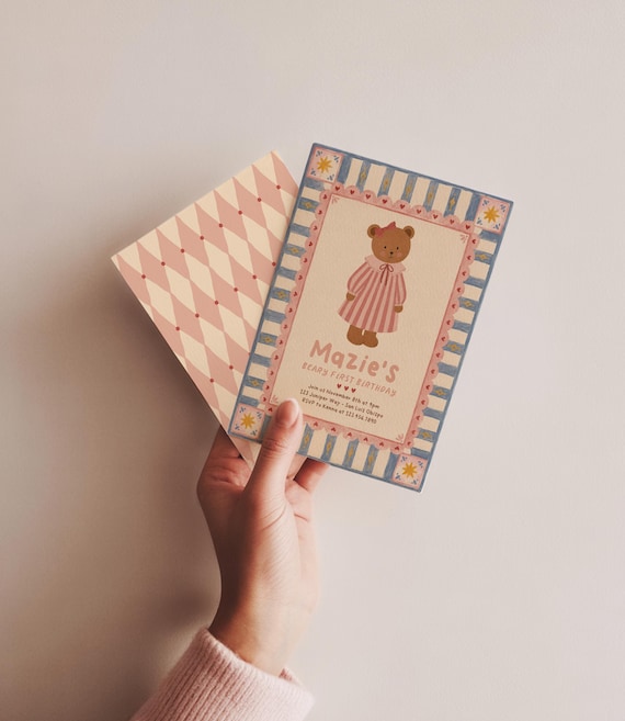 Bear Birthday Invitation, Beary First Birthday Invite, Vintage Teddy Bear Party Canva Template, Girl Birthday Invitation Any Age