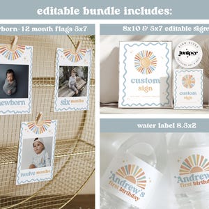 May include: An editable bundle includes newborn-12 month flags (5x7 inches), 8x10 and 5x7 inch editable signs, and water labels (8.5x2 inches). The signs and labels feature a sun design with text. The flags display baby photos.