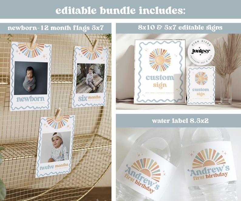 May include: An editable bundle includes newborn-12 month flags (5x7 inches), 8x10 and 5x7 inch editable signs, and water labels (8.5x2 inches). The signs and labels feature a sun design with text. The flags display baby photos.