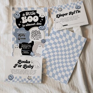May include: A baby shower invitation with a blue and white checkered background. The invitation features a ghost, a star, and the text "a little BOO is almost due". The invitation also includes the date and time of the shower, as well as the name of the guest of honor, Kelly Green. The invitation also includes a request for guests to bring a book for the baby.