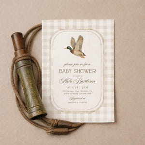 Mallard Baby Shower Invitation, Mallard Duck Baby Shower Invite, Gingham Duck Hunting invite, Duck Baby Shower Invite, Boy Hunting Duck 283 image 2