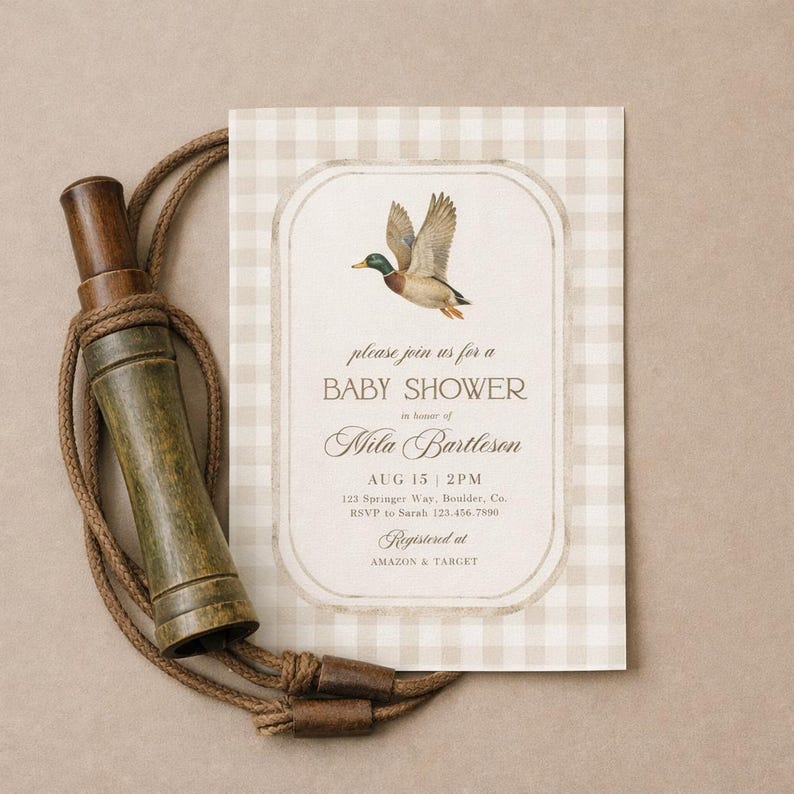 Mallard Baby Shower Invitation, Mallard Duck Baby Shower Invite, Gingham Duck Hunting invite, Duck Baby Shower Invite, Boy Hunting Duck 283 image 2