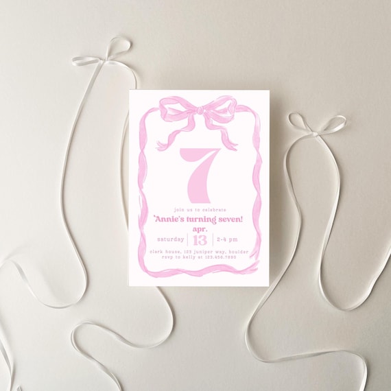 Coquette Pink 7th Birthday Invitation Girl Pink Bow Mobile 7th Birthday Invite, Fancy Birthday Invitations Seventh Sleepover Invitation 215