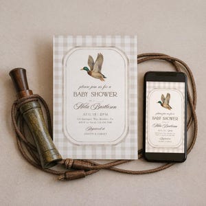 Mallard Baby Shower Invitation, Mallard Duck Baby Shower Invite, Gingham Duck Hunting invite, Duck Baby Shower Invite, Boy Hunting Duck 283