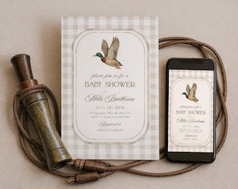 Faire-part de baby shower, canard colvert, invitation de baby shower, vichy chasse, invitation de baby shower, canard chasse au canard 283