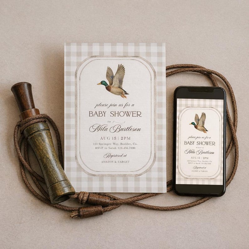 Mallard Baby Shower Invitation, Mallard Duck Baby Shower Invite, Gingham Duck Hunting invite, Duck Baby Shower Invite, Boy Hunting Duck 283 image 1