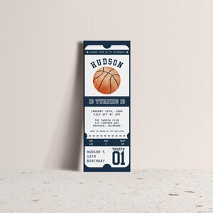 May include: A blue and white ticket-shaped invitation for a basketball-themed birthday party. The invitation says "Hudson is turning 10" and includes the date, time, and location of the party. The invitation also features a watercolor illustration of a basketball.