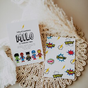 May include: A superhero-themed birthday party invitation for a child named Milo turning two. The invitation features a cartoon image of Milo with the text "Calling all Superheroes Milo is turning two!" and a row of cartoon superheroes. The invitation also includes the date, time, location, and RSVP information.