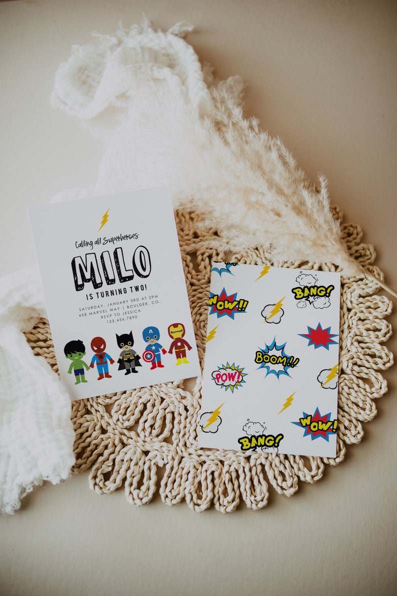 May include: A superhero-themed birthday party invitation for a child named Milo turning two. The invitation features a cartoon image of Milo with the text "Calling all Superheroes Milo is turning two!" and a row of cartoon superheroes. The invitation also includes the date, time, location, and RSVP information.