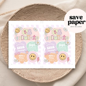 May include: Printable 5 & Fabulous birthday party invitation with a retro 70s theme. The invitation features a pink, green, and yellow color scheme with a smiley face, flowers, and stars. The text on the invitation reads "5 & Fabulous" and "Sept 20th".